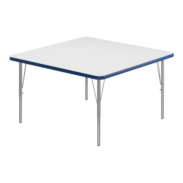Correll 42″ Square White 19″-29″ Adjustable Height High-Pressure Dry Erase Board Top Activity Table with Silver Legs and Blue T-Mold