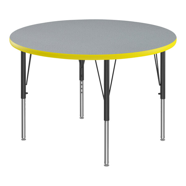 Correll 42″ Round Gray Granite 19″-29″ Adjustable Height Thermal-Fused Laminate Top Activity Table with Black Legs and Yellow T-Mold