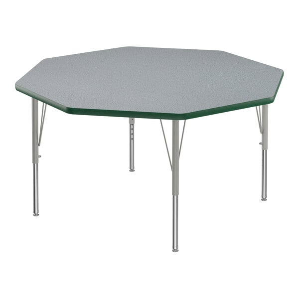 Correll 48″ Octagon Gray Granite 19″-29″ Adjustable Height Thermal-Fused Laminate Top Activity Table with Silver Legs and Green T-Mold
