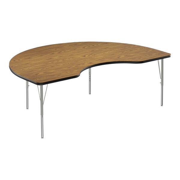Correll EconoLine 48″ x 72″ Kidney Medium Oak 19″-29″ Adjustable Height Melamine Top Activity Table with Silver Legs and Black T-Mold