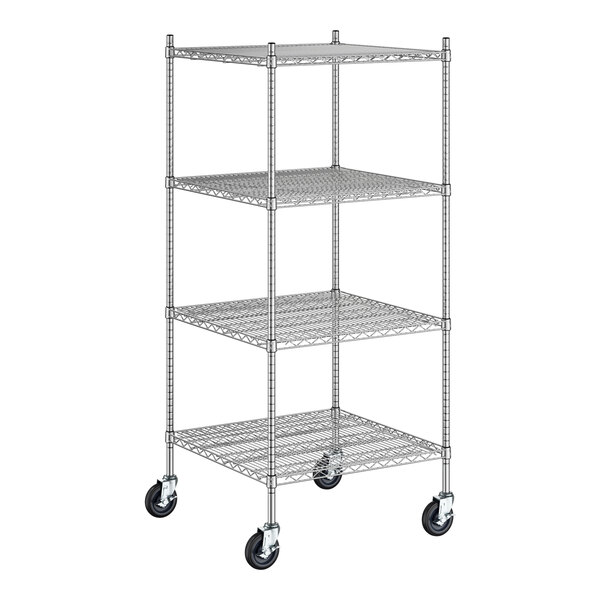 Regency Spec Line 30" Wide NSF Stainless Steel Wire Mobile Shelving Starter Kit with 4 Shelves and 64" Posts
