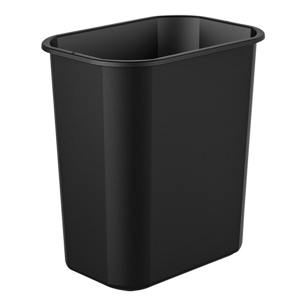 A 12 pack of black Suncast slim rectangular plastic trash cans.