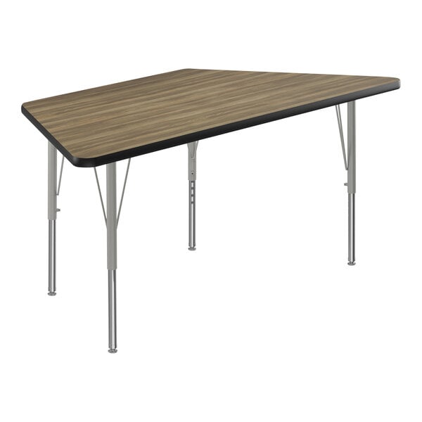 Correll Deluxe 30″ x 60″ Trapezoid Colonial Hickory 19″-29″ Adjustable Height High-Pressure Laminate Top Activity Table with Silver Legs and Black T-Mold