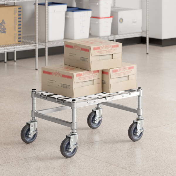 Regency Spec Line 18" Wide NSF Stainless Steel Wire Mobile Dunnage Rack with Wire Mat and 3-Sided Frame
