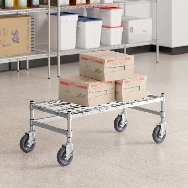 Regency Spec Line 18" x 36" x 14" NSF Stainless Steel Wire Mobile Dunnage Rack with Wire Mat and 3-Sided Frame