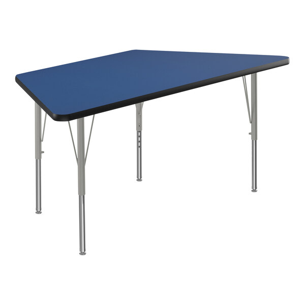 Correll Deluxe 30″ x 60″ Trapezoid Blue 19″-29″ Adjustable Height High-Pressure Laminate Top Activity Table with Silver Legs and Black T-Mold