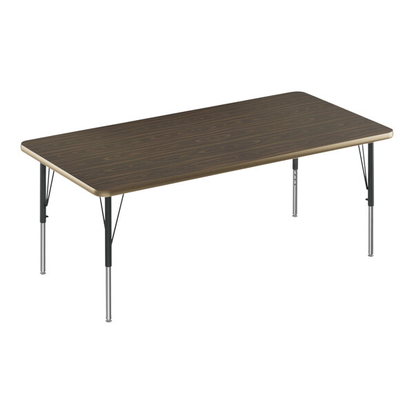 Correll Deluxe 30″ x 60″ Rectangular Walnut 19″-29″ Adjustable Height High-Pressure Laminate Top Activity Table with Black Legs and Walnut T-Mold