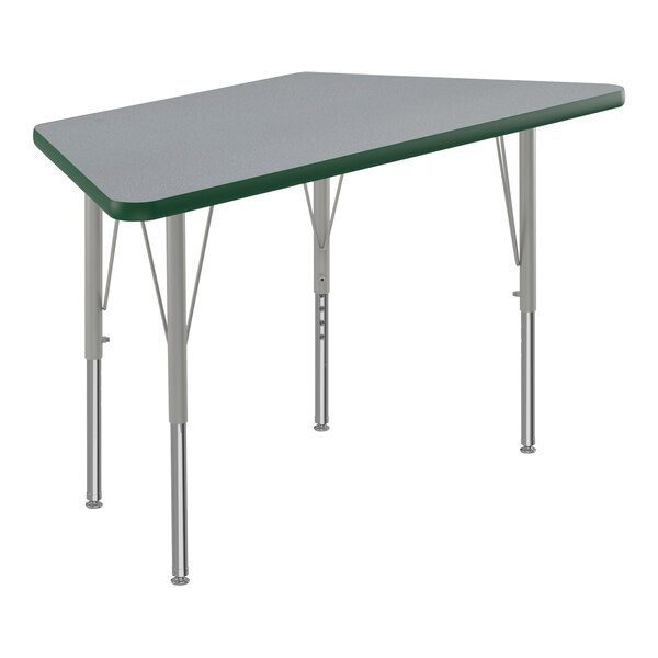 Correll Deluxe 24″ x 48″ Trapezoid Gray Granite 19″-29″ Adjustable Height High-Pressure Laminate Top Activity Table with Silver Legs and Green T-Mold