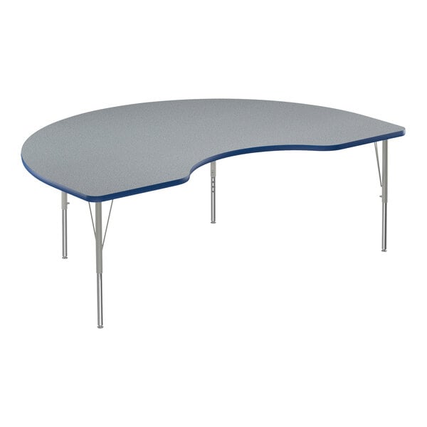 A grey Correll Kidney shaped activity table with a blue edge.