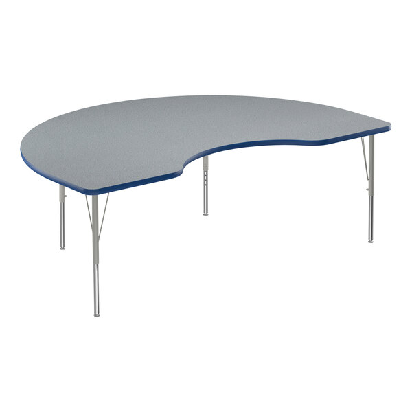 Correll 48″ x 72″ Kidney Gray Granite 19″-29″ Adjustable Height Thermal-Fused Laminate Top Activity Table with Silver Legs and Blue T-Mold