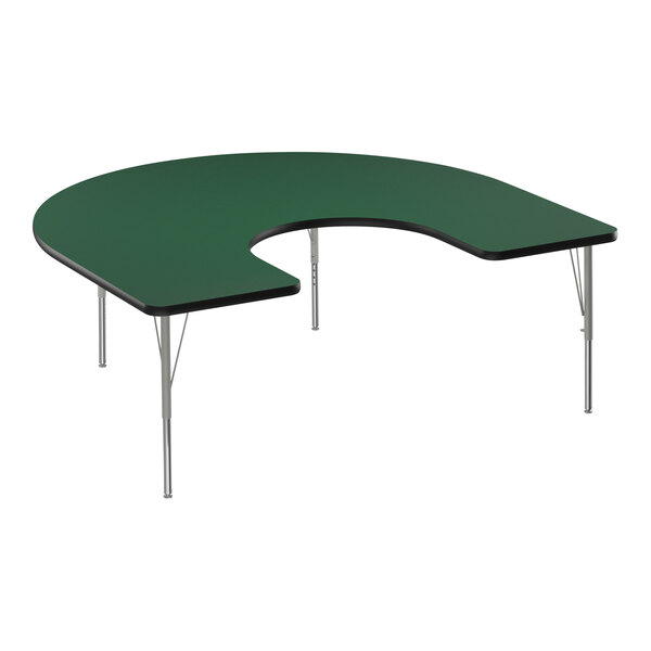 A green half-moon shaped Correll activity table with metal legs.