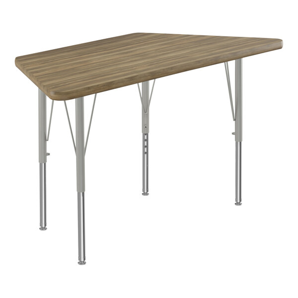 Correll Deluxe 24″ x 48″ Trapezoid Colonial Hickory 19″-29″ Adjustable Height High-Pressure Laminate Top Activity Table with Silver Legs and Hickory T-Mold