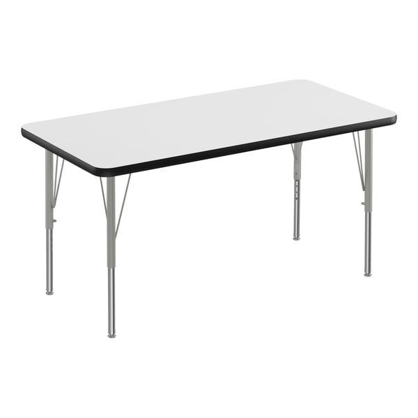 Correll Deluxe 24″ x 60″ Rectangular White 19″-29″ Adjustable Height High-Pressure Laminate Top Activity Table with Silver Legs and Black T-Mold