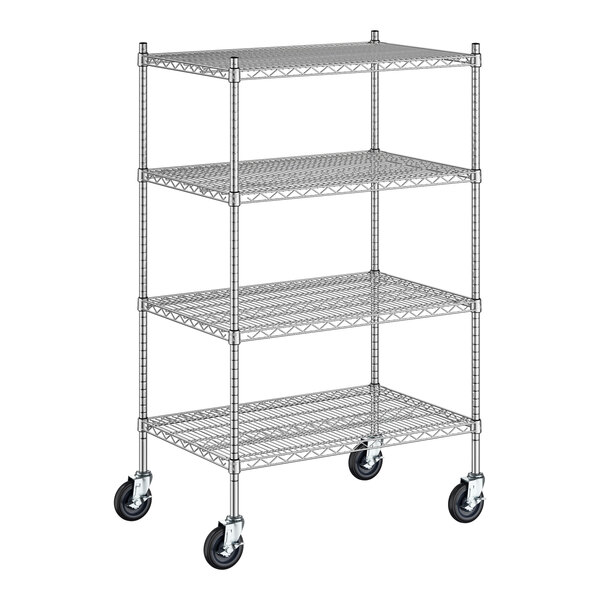 Regency Spec Line 24" Wide NSF Stainless Steel Wire Mobile Shelving Starter Kit with 4 Shelves and 54" Posts