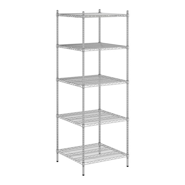 A wire wireframe of a Regency metal shelving unit with four shelves.