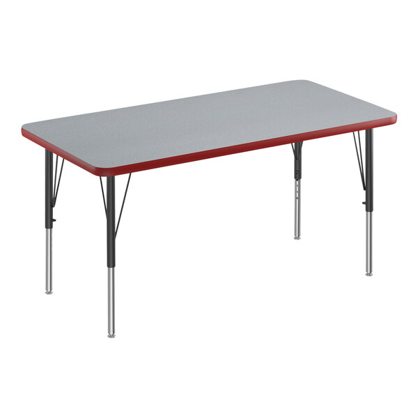 Correll 24″ x 60″ Rectangular Gray Granite 19″-29″ Adjustable Height Thermal-Fused Laminate Top Activity Table with Black Legs and Red T-Mold