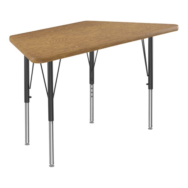 Correll Deluxe 24″ x 48″ Trapezoid Medium Oak 19″-29″ Adjustable Height High-Pressure Laminate Top Activity Table with Black Legs and Medium Oak T-Mold