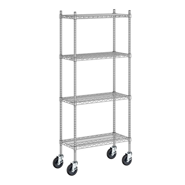 Regency Spec Line 14" Wide NSF Stainless Steel Wire Mobile Shelving Starter Kit with 4 Shelves and 64" Posts