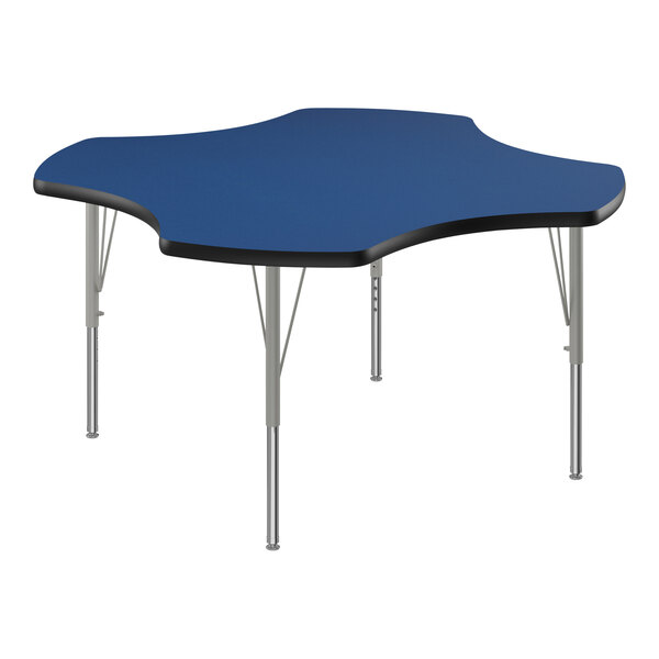 A blue rectangular Correll activity table with silver legs and black edge.