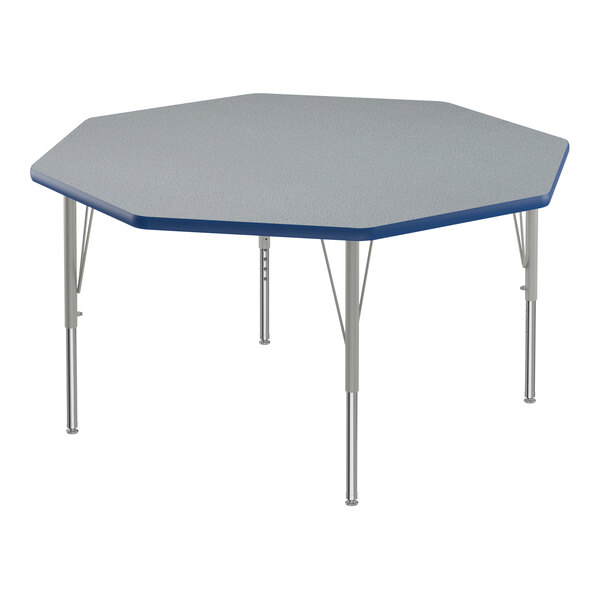 Correll 48″ Octagon Gray Granite 19″-29″ Adjustable Height Thermal-Fused Laminate Top Activity Table with Silver Legs and Blue T-Mold