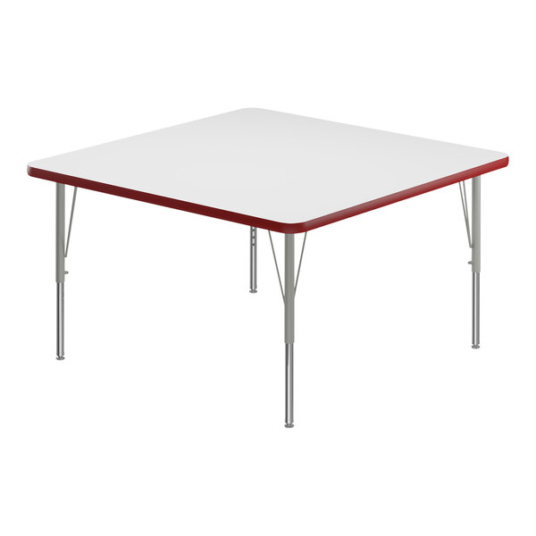 Correll 36″ Square White 19″-29″ Adjustable Height High-Pressure Dry Erase Board Top Activity Table with Silver Legs and Red T-Mold