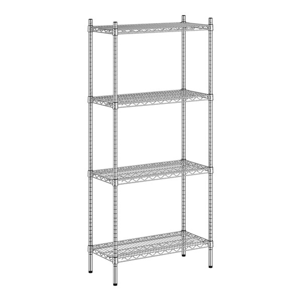 A wireframe of a Regency stainless steel stationary wire shelving unit with four shelves.