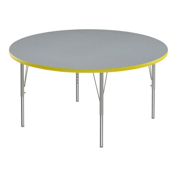 Correll 48″ Round Gray Granite 19″-29″ Adjustable Height Thermal-Fused Laminate Top Activity Table with Silver Legs and Yellow T-Mold