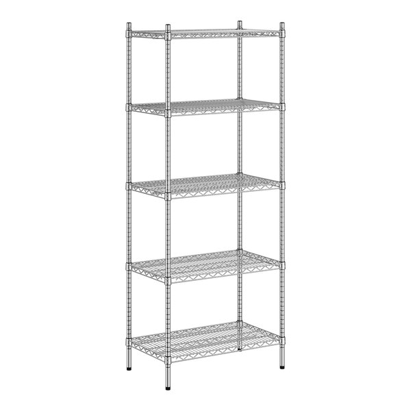 A wireframe of a Regency stainless steel shelving unit with 5 shelves.