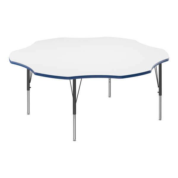 Correll 60″ Flower White 19″-29″ Adjustable Height High-Pressure Dry Erase Board Top Activity Table with Black Legs and Blue T-Mold
