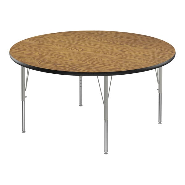 Correll Deluxe 48″ Round Medium Oak 19″-29″ Adjustable Height High-Pressure Laminate Top Activity Table with Silver Legs and Black T-Mold