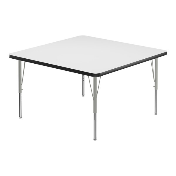 A Correll white square activity table with black trim and silver legs.