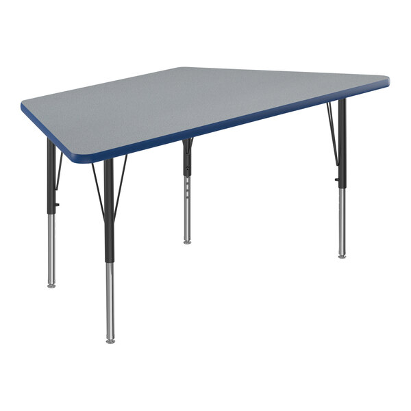 Correll 26″ x 58″ Trapezoid Gray Granite 19″-29″ Adjustable Height Thermal-Fused Laminate Top Activity Table with Black Legs and Blue T-Mold