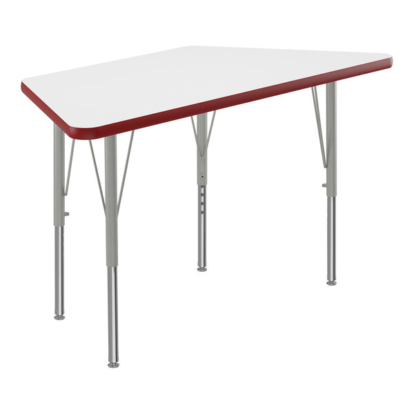 Correll 20″ x 46″ Trapezoid White 19″-29″ Adjustable Height High-Pressure Dry Erase Board Top Activity Table with Silver Legs and Red T-Mold
