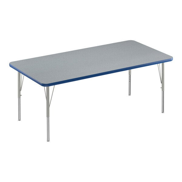 Correll 30″ x 60″ Rectangular Gray Granite 19″-29″ Adjustable Height Thermal-Fused Laminate Top Activity Table with Silver Legs and Blue T-Mold
