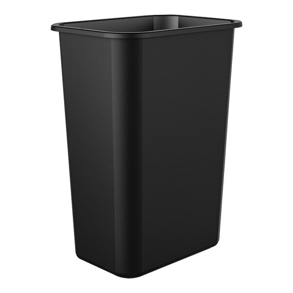 A 12 pack of black Suncast rectangular plastic trash cans.