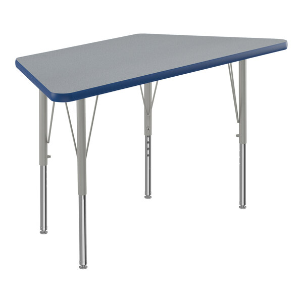 Correll 20 x 46 Trapezoid Gray Granite 19-29 Adjustable Height  Thermal-Fused Laminate Top Activity Table with Silver Legs and Blue T-Mold