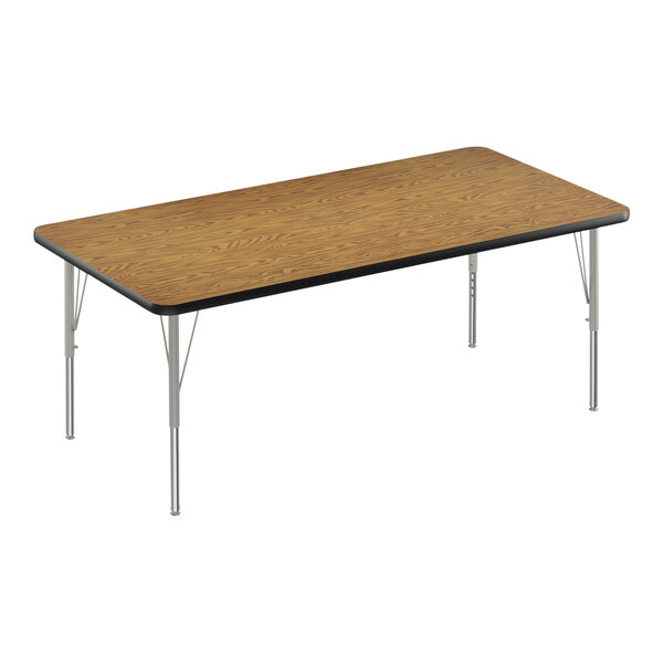 Correll 30″ x 60″ Rectangular Medium Oak 19″-29″ Adjustable Height Thermal-Fused Laminate Top Activity Table with Silver Legs and Black T-Mold