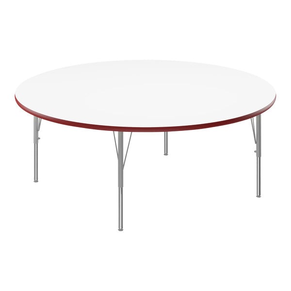 Correll 60″ Round White 19″-29″ Adjustable Height High-Pressure Dry Erase Board Top Activity Table with Silver Legs and Red T-Mold