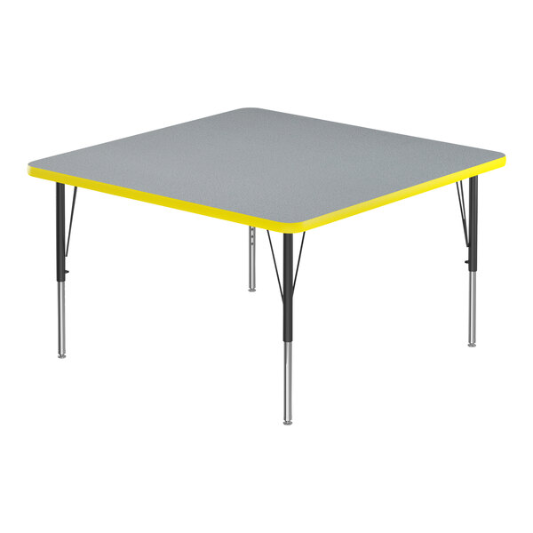 Correll Deluxe 48″ Square Gray Granite 19″-29″ Adjustable Height High-Pressure Laminate Top Activity Table with Black Legs and Yellow T-Mold
