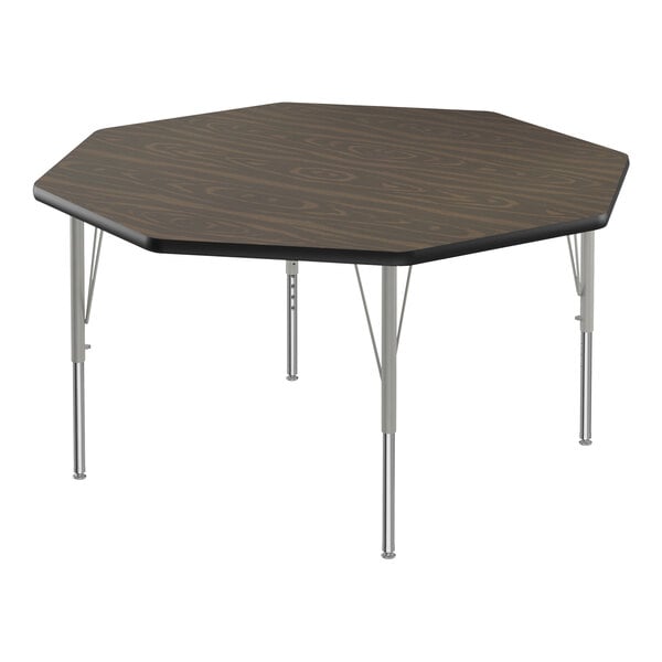 Correll Deluxe 48″ Octagon Walnut 19″-29″ Adjustable Height High-Pressure Laminate Top Activity Table with Silver Legs and Black T-Mold