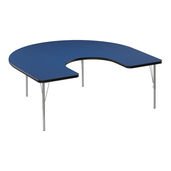 A blue table with a half-moon shaped top and metal legs.