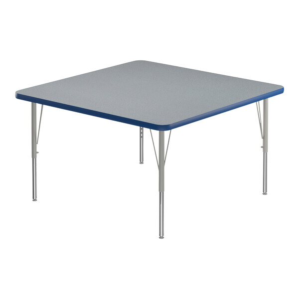 A square Correll activity table with silver legs and a blue edge.
