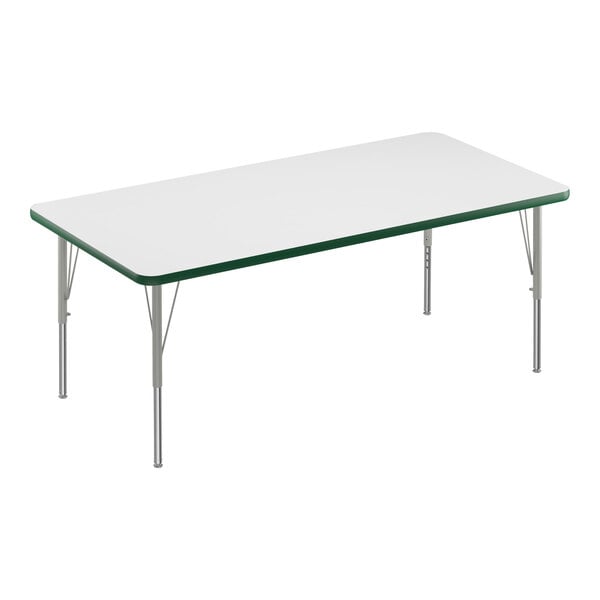 Correll 30″ x 72″ Rectangular White 19″-29″ Adjustable Height High-Pressure Dry Erase Board Top Activity Table with Silver Legs and Green T-Mold