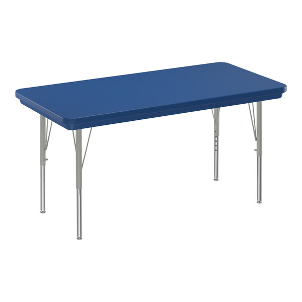 Correll 30″ x 72″ Rectangular Blue 19″-29″ Adjustable Height Blow-Molded Activity Table with Silver Legs