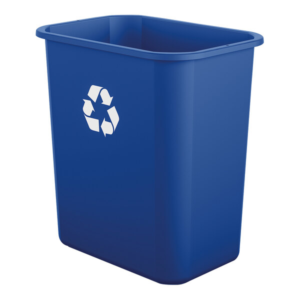 A 12 pack of blue Suncast slim rectangular recycling bins with a recycle symbol.
