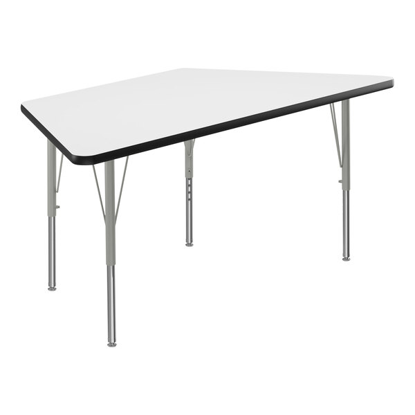 Correll Deluxe 30″ x 60″ Trapezoid White 19″-29″ Adjustable Height High-Pressure Laminate Top Activity Table with Silver Legs and Black T-Mold