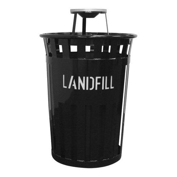 A black Witt Industries outdoor landfill receptacle with white text.