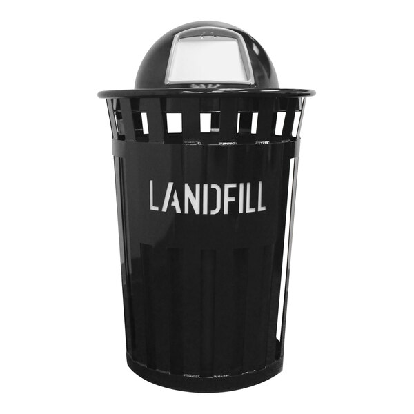 A black Witt Industries outdoor landfill trash can with white text and a round dome top.