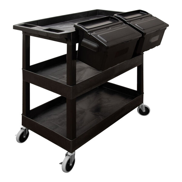 A black plastic utility cart with two black bins on top.