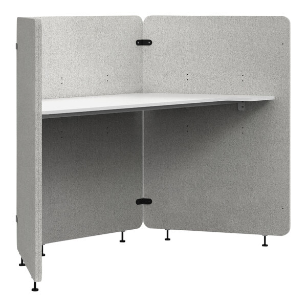 A white and grey Luxor Reclaim 3-panel work pod with a white desk and shelves.